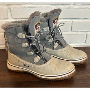 Pajar Canada Waterproof Snow Boots Iceberg Grey Tan Leather Faux Fur Women 8-8.5